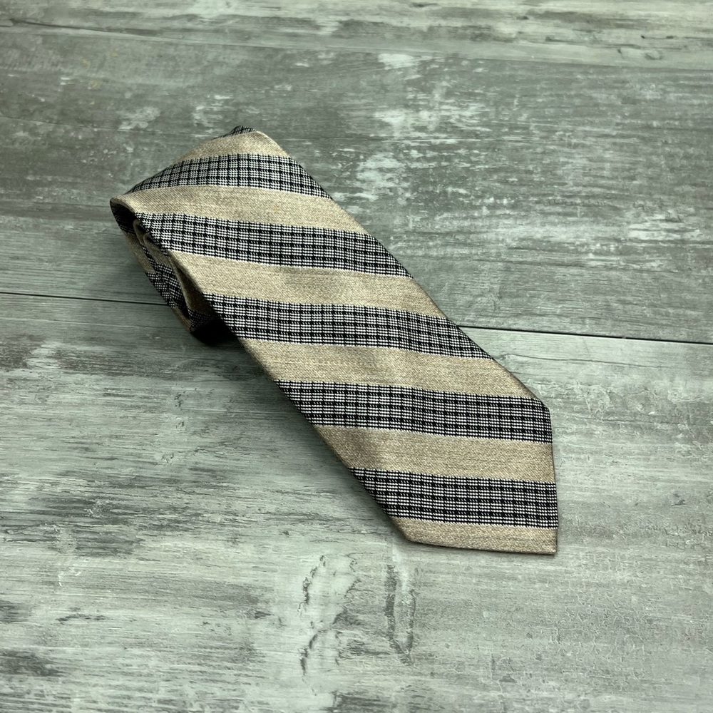 Nicola Ferri Taupe w/ Grey Plaid Stripe Skinny Silk Tie